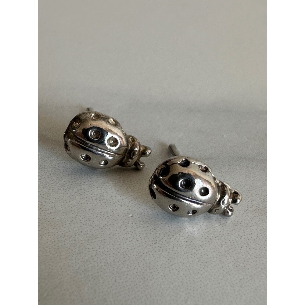 Silver Tone Ladybug Stud Earrings Whimsical Insect Nature Jewelry Pair 1.38g